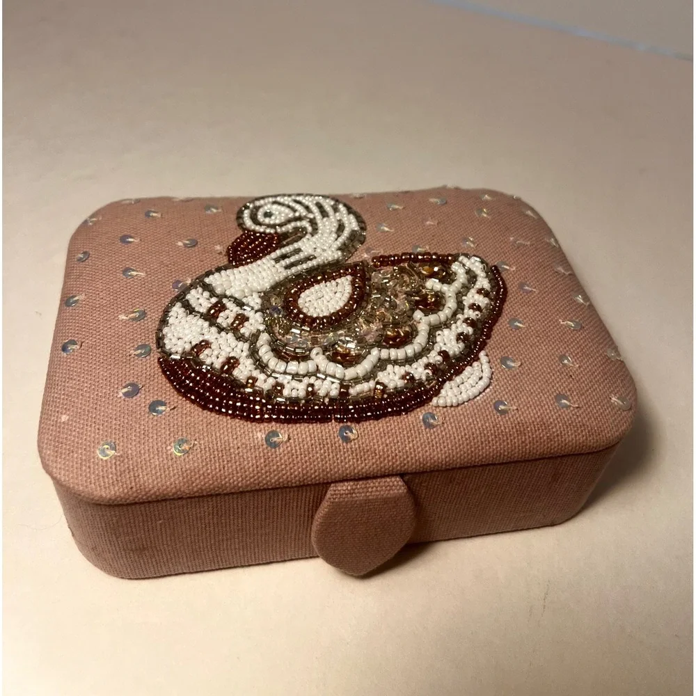 Handcrafted Beaded Swan Jewelry Box Pink Sequin Travel Case Made in India